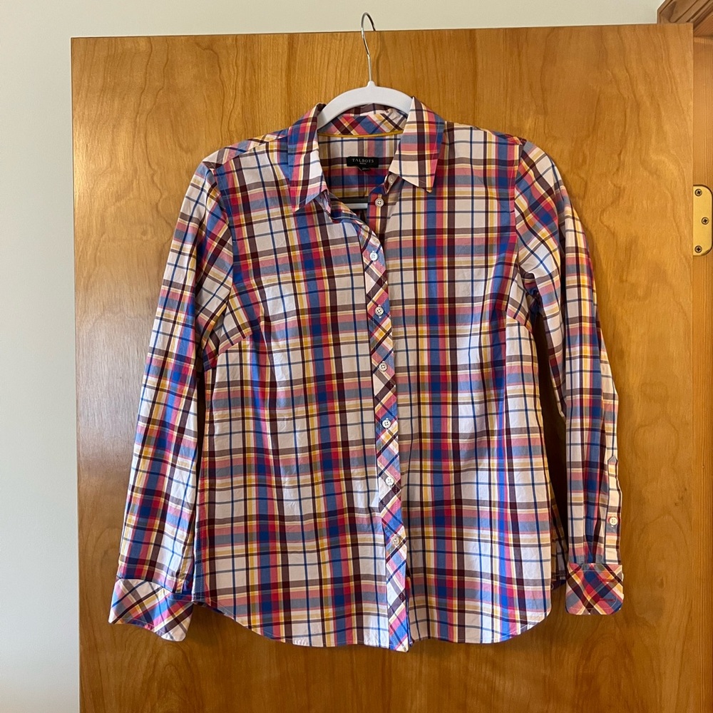 Talbots Button Plaid Striped Button Down Shirt Red Blue Brown Petite Small SP PS